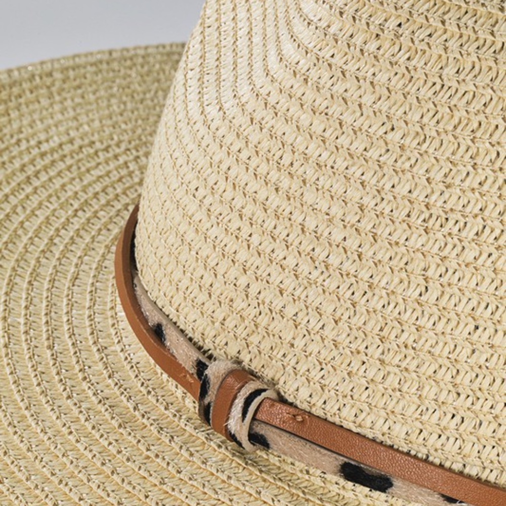 Boho Leopard Natural Trim Straw Panama Hat - Picture 7 of 13